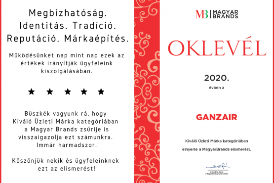 Idén is elnyerte a Magyar Brands Kiváló Üzleti Márka minősítést a Ganzair!